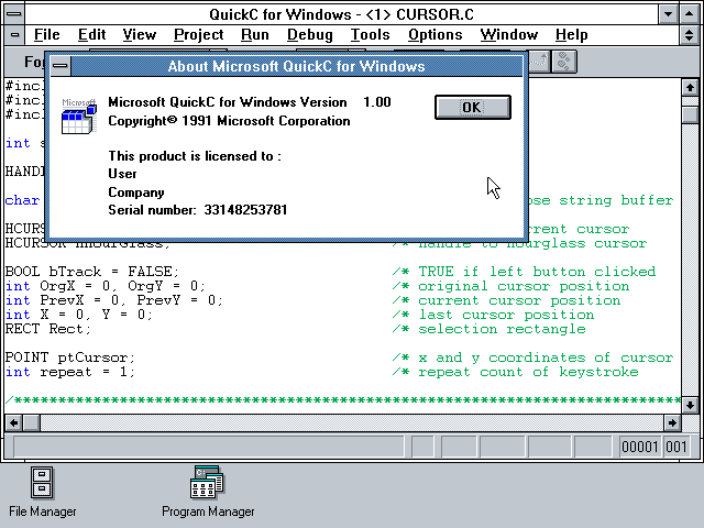 Microsoft QuickC for Windows Editor and About Screen (1991)
